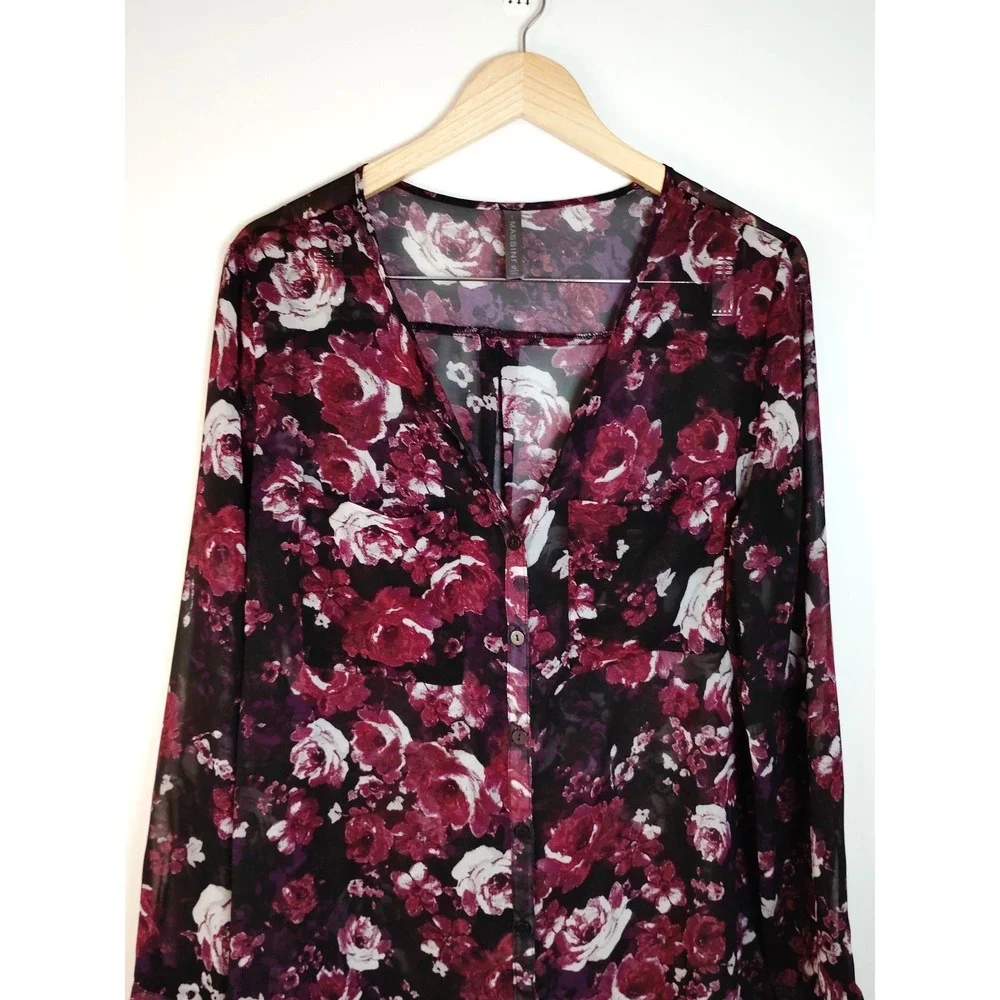 Black Floral Sheer Dark Romantic Academia Career Long Sleeve Y2K Blouse Women XL